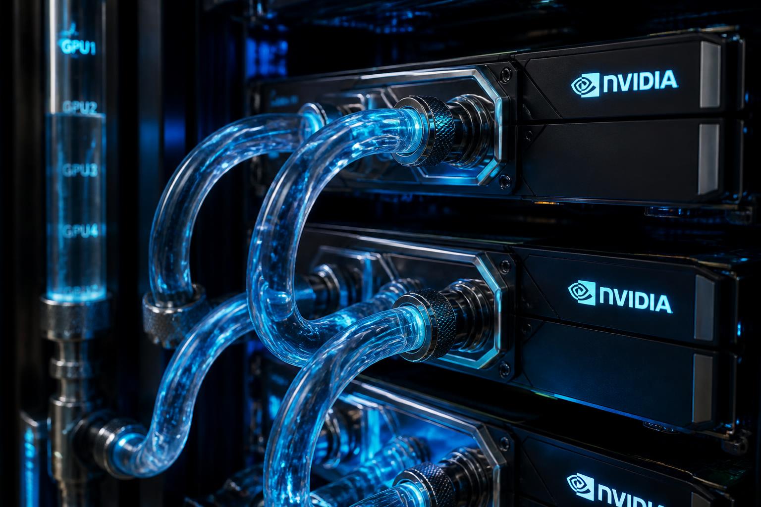 GPU cluster with liquid cooling tubes