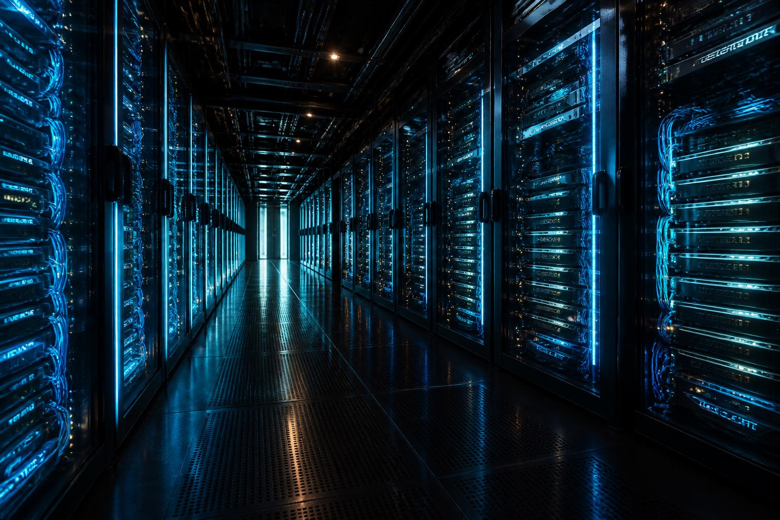 Hyperscale data center hall with illuminated server racks